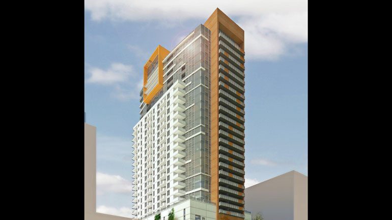 Rendering of the apartment tower planned at the Goll Mansion site. This project never moved forward and the site is now listed for sale.