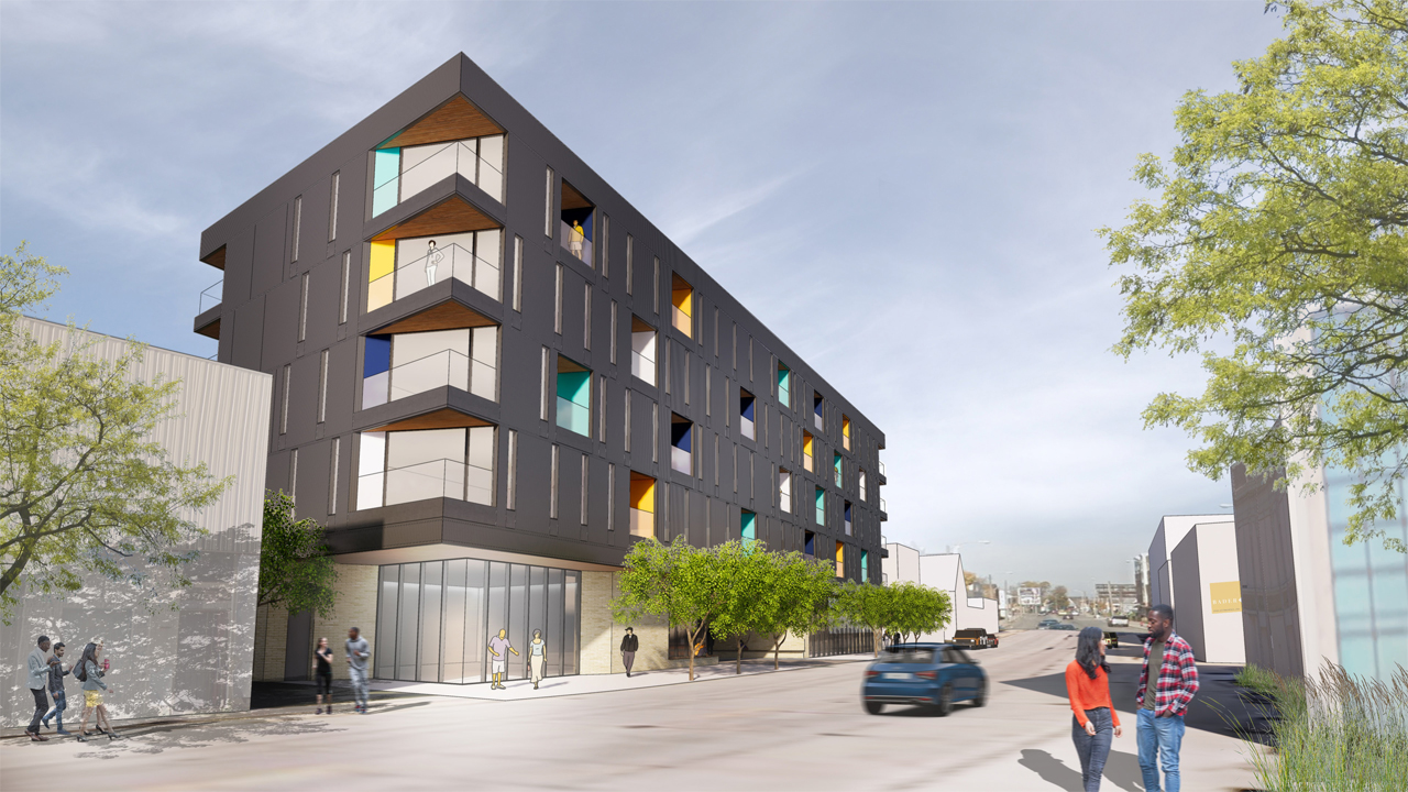 Martin Luther King Economic Development Corp. and KG Development are planning to build the Five Points apartments at a city-owned site at 3317-3349 N. Dr. Martin Luther King Jr. Drive. Rendering: Workshop Architects