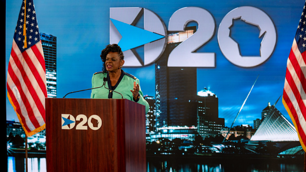 U.S. Rep. Gwen Moore speaks from the stage set up at the Wisconsin Center in downtown Milwaukee. Photo credit: Democratic National Convention Committee