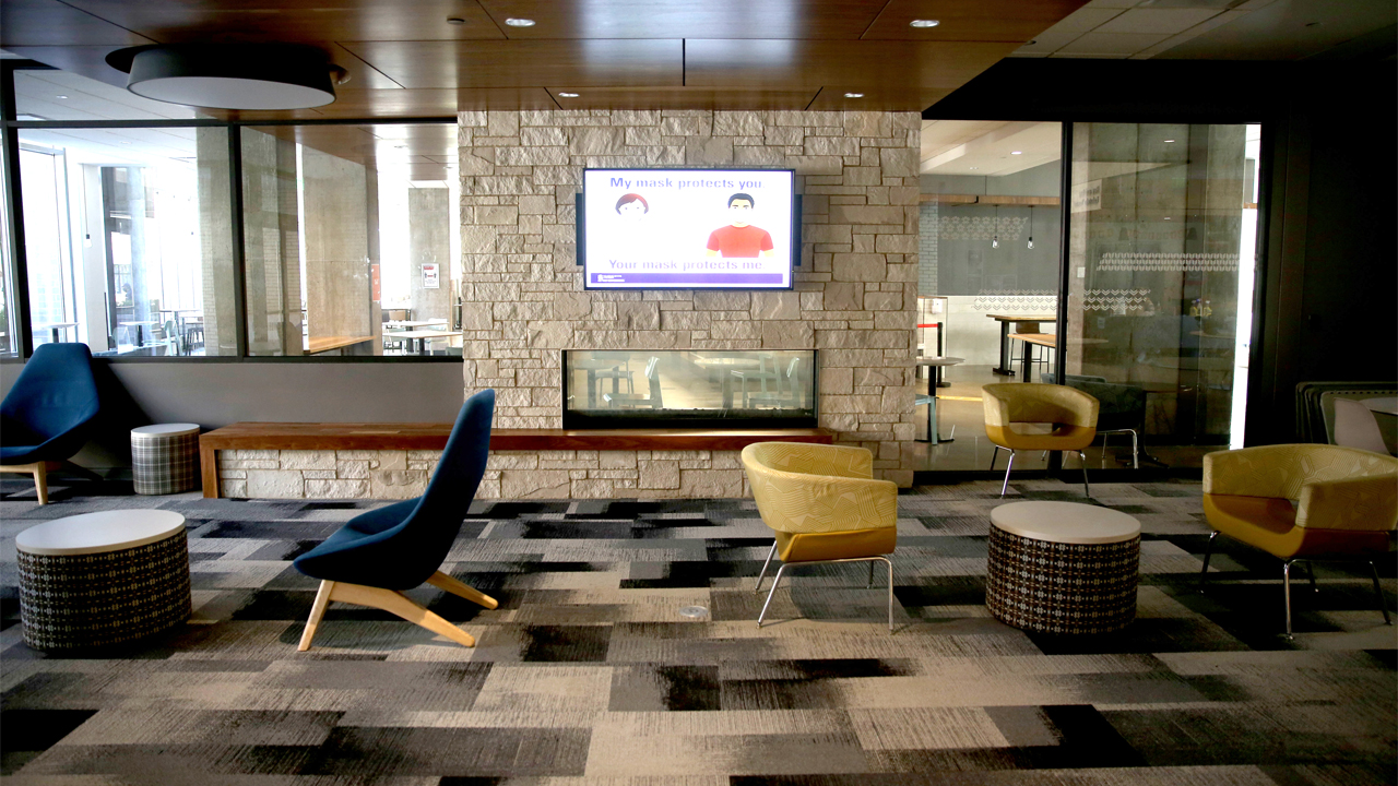 Furniture in The Commons residence hall at Marquette University is spaced out for social distancing.