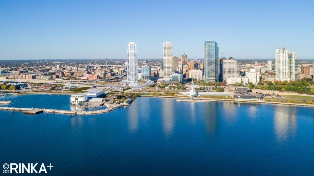 Downtown aerial view from Lake Michigan. Rendering: Rinka