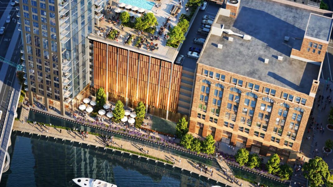 Aerial view of Riverwalk area along 333 N. Water St. Rendering: Solomon Cordwell Buenz