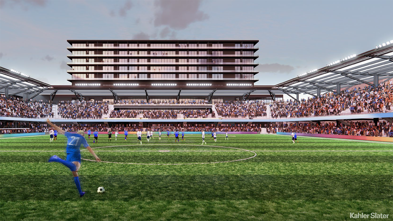 Rendering of the soccer stadium planned for Iron District MKE. Credit: Kahler Slater.