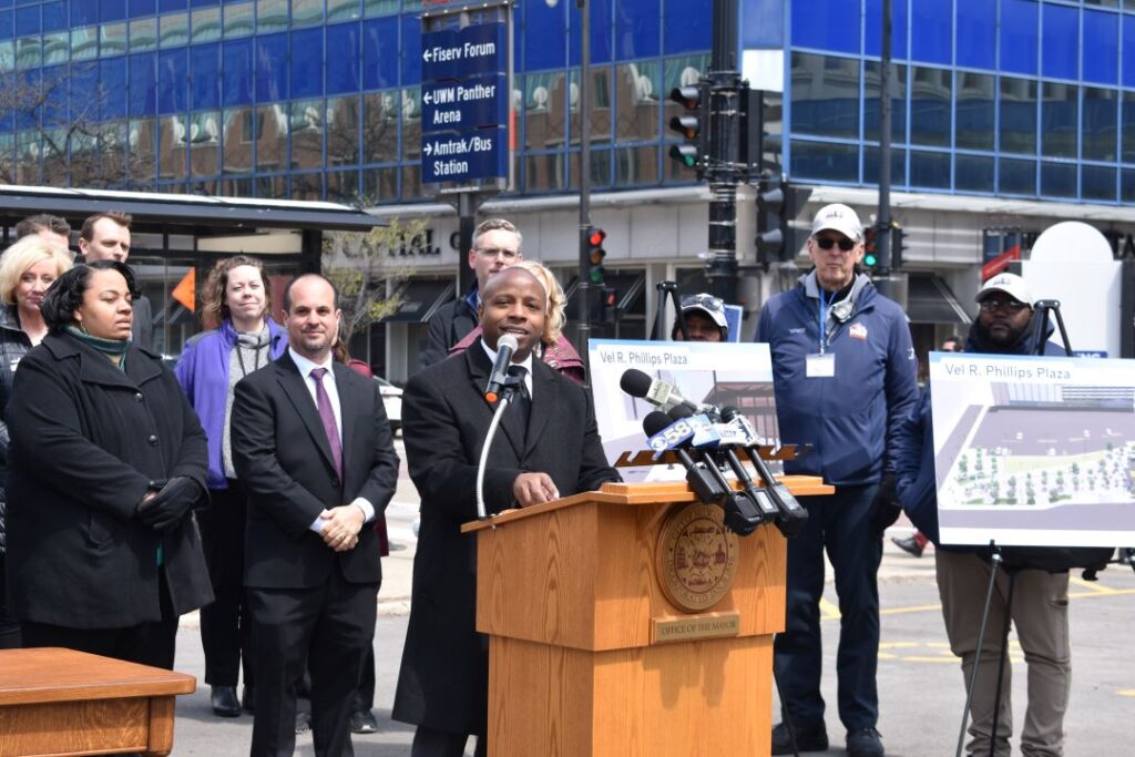 Officials mark funding milestone for Vel R. Phillips Plaza