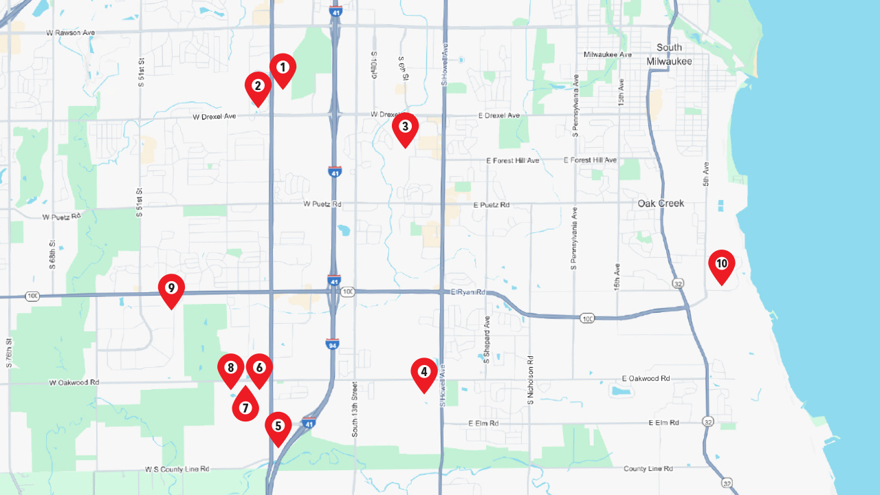 Map of significant developments in Franklin and Oak Creek