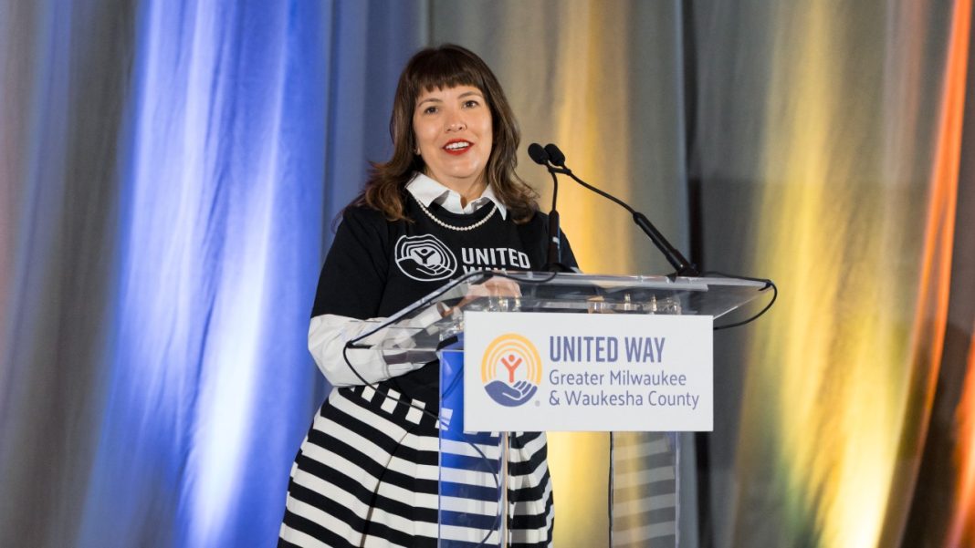 Amy Linder, president and CEO of United Way of Greater Milwaukee & Waukesha County, speaks at the nonprofit's campaign kickoff event on Thursday, Aug. 28, 2025. Photo credit: United Way of Greater Milwaukee & Waukesha County
