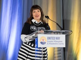 Amy Linder, president and CEO of United Way of Greater Milwaukee & Waukesha County, speaks at the nonprofit's campaign kickoff event on Thursday, Aug. 28, 2025. Photo credit: United Way of Greater Milwaukee & Waukesha County