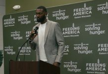 Milwaukee Buck Bobby Portis Jr. speaks at a Feeding America Eastern Wisconsin press conference on Tuesday, Aug. 12, 2025. Photo credit: Milwaukee Bucks