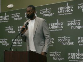 Milwaukee Buck Bobby Portis Jr. speaks at a Feeding America Eastern Wisconsin press conference on Tuesday, Aug. 12, 2025. Photo credit: Milwaukee Bucks