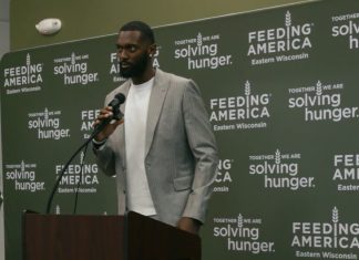 Milwaukee Buck Bobby Portis Jr. speaks at a Feeding America Eastern Wisconsin press conference on Tuesday, Aug. 12, 2025. Photo credit: Milwaukee Bucks
