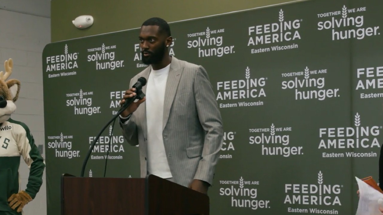 BobbyPortisJr-FeedingAmericaEasternWisconsinpressconference-08122025-submitted Milwaukee Buck Bobby Portis Jr. speaks at a Feeding America Eastern Wisconsin press conference on Tuesday, Aug. 12, 2025. Photo credit: Milwaukee Bucks
