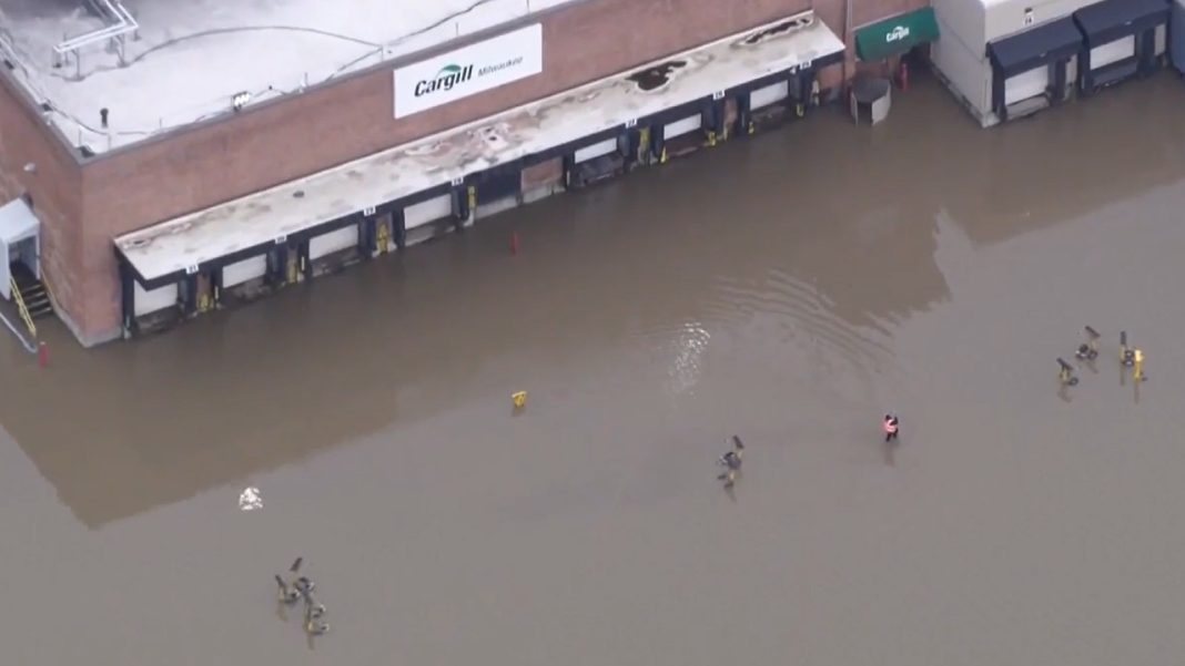 Flooding at the Cargill plant in the Menomonee Valley in Milwaukee. Image from WISN-TV Channel 12, a media partner of BizTimes Milwaukee.