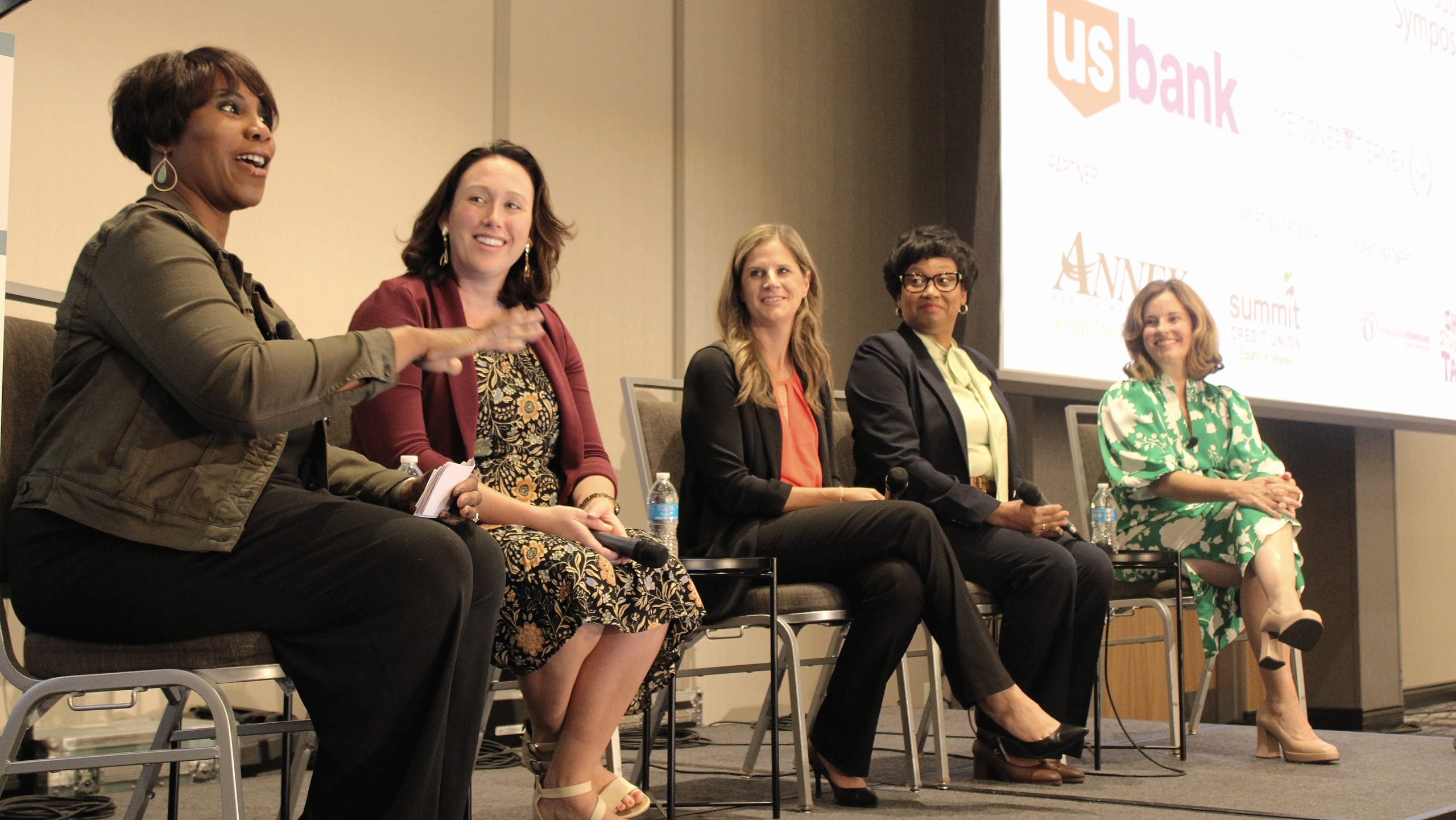 Portia Young, far left, director of corporate public relations at Sargento, moderated the panel discussion at the 2025 Women in Business Symposium. The panelists included, from left, Roberta Brehm, president of Vyron; Jessie Cannizzaro, owner and master plumber at Milestone Plumbing; Tami Martin, director of workforce development at Froedtert Health, and Becky Frankiewicz, president and chief strategy officer at ManpowerGroup.