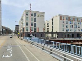 The Aloft Hotel includes a retail space at the southeast corner that fronts Juneau Avenue and the Milwaukee River. Image from Google Maps