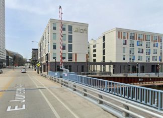 The Aloft Hotel includes a retail space at the southeast corner that fronts Juneau Avenue and the Milwaukee River. Image from Google Maps