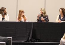 (Left to right) Beth Ridley, Lacey Sadoff, Lori Richards and Sarah Maio discuss strategies for leading differently during a breakout session at BizTimes’ Women in Business Symposium.