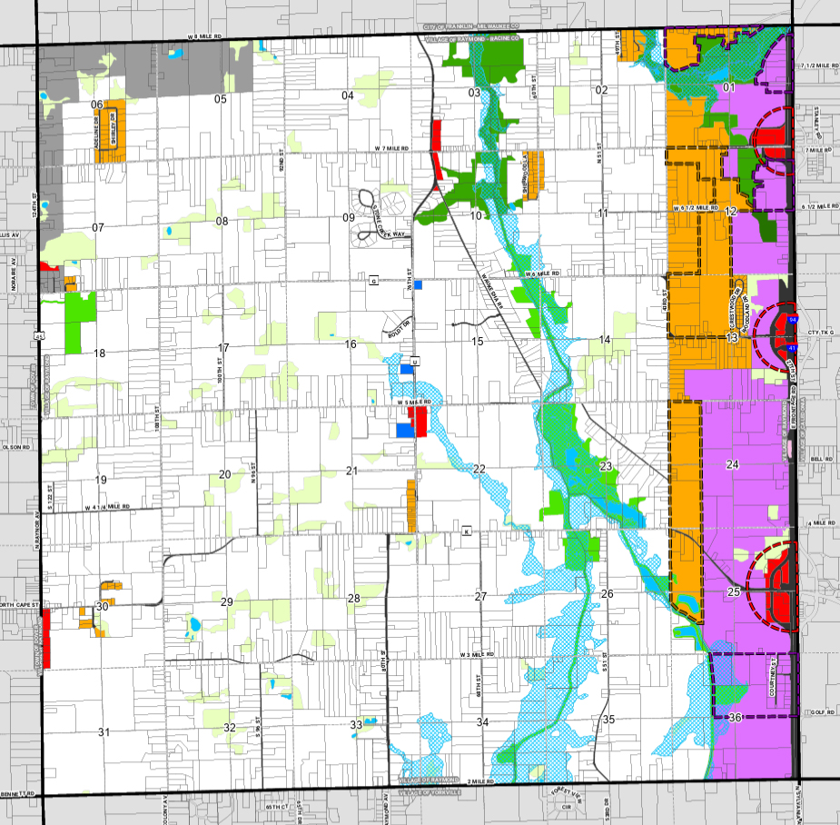 Raymond’s 2050 land use map: Purple indicates land envisioned for business park-type development opportunities, red indicates commercial development opportunities and orange indicates urban residential development opportunities. 