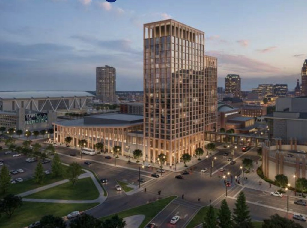 A conceptual rendering of a convention headquarters hotel at the Miller High Life Theatre site in downtown Milwaukee. Rendering credit: TVS