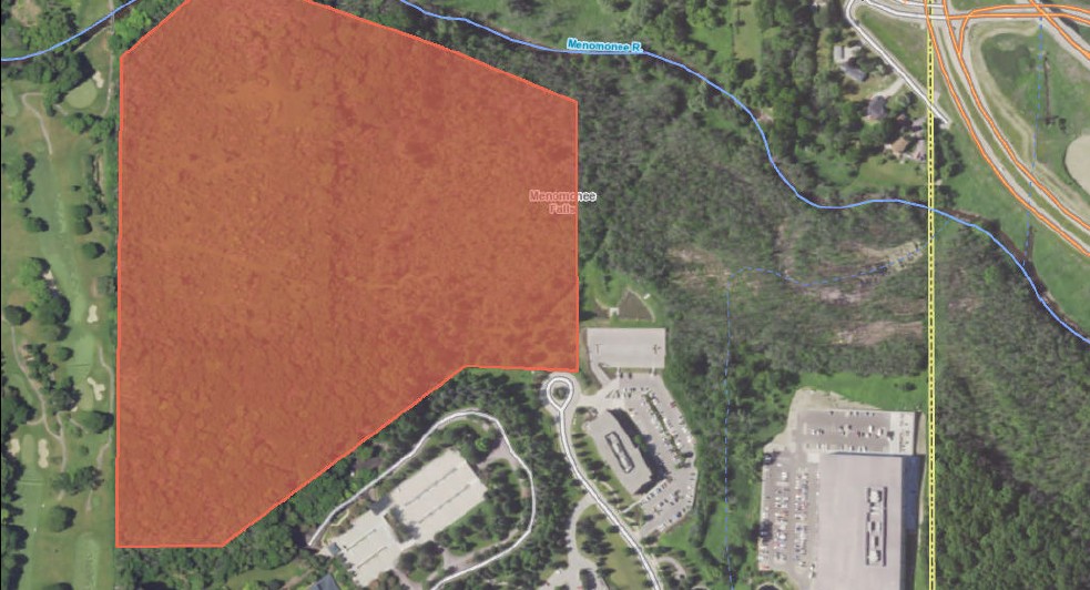 The area highlighted in red shows where Milwaukee Tool hopes to construct three new buildings at its Menomonee Falls campus. Map submitted by Milwaukee Tool.
