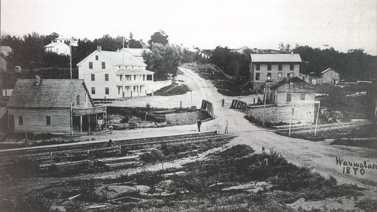 This historical photo, taken in 1870, shows the intersection of Harwood Avenue and West State Street, the area known today as the Village of Wauwatosa.