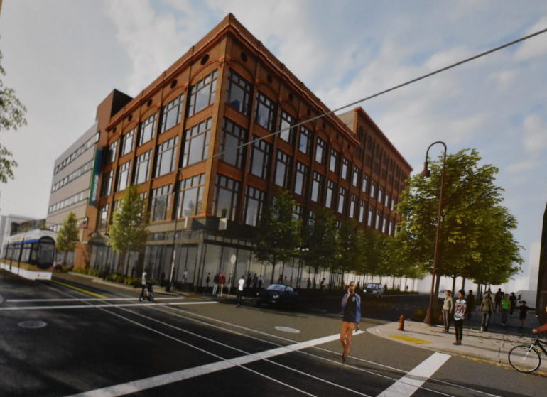 Rendering of the redeveloped former Gimbels and Schuster’s Department Store building.