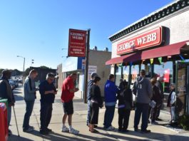 The line for free burgers extended out the door at George Webb in Wauwatosa in 2018.