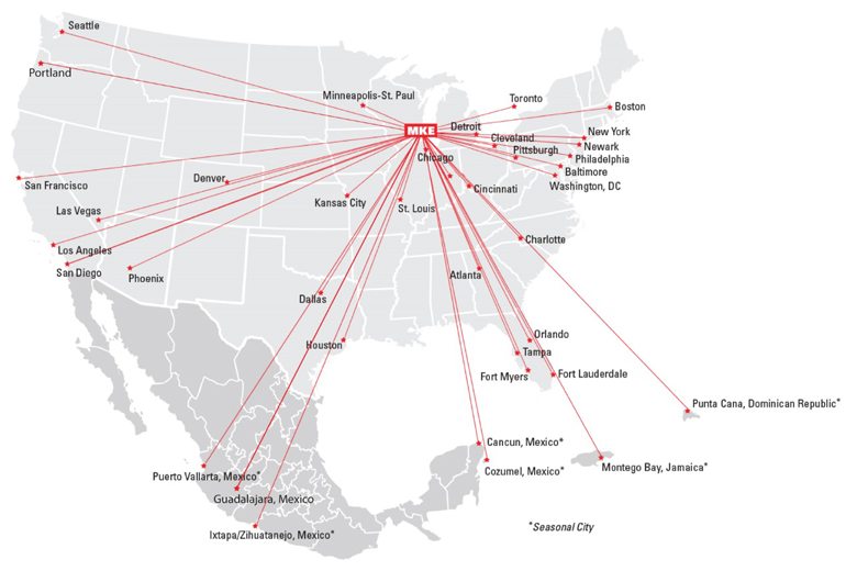 Cities served nonstop from Mitchell International