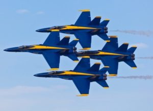 The U.S. Navy Blue Angels stunt team.