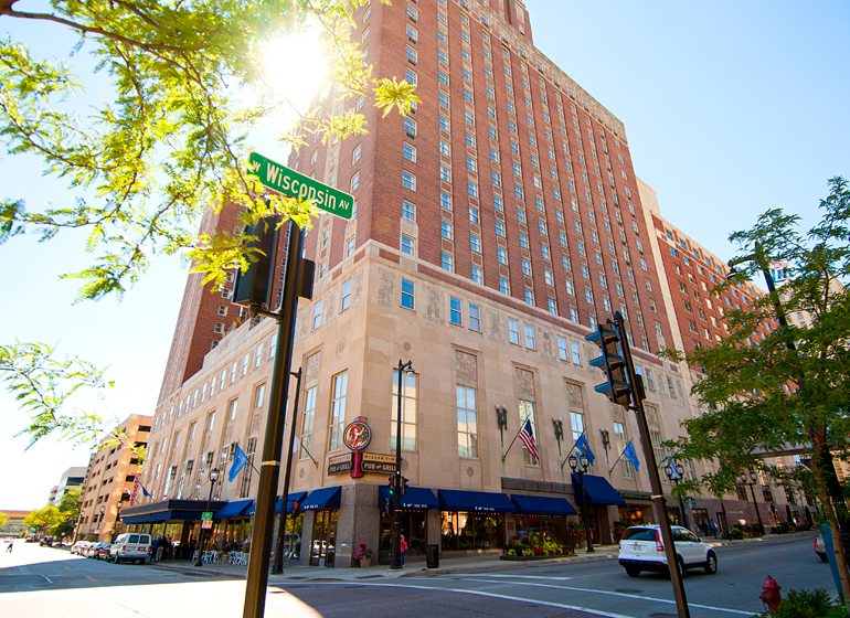 The Hilton Milwaukee City Center hotel in downtown Milwaukee.