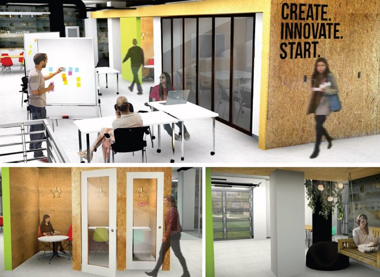 Renderings of The CoLab under construction at Marquette's Kohler Center for Entrepreneurship, which is expected to open March 27.