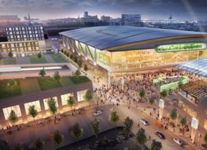 A rendering of the planned new Milwaukee Bucks arena and live block area.