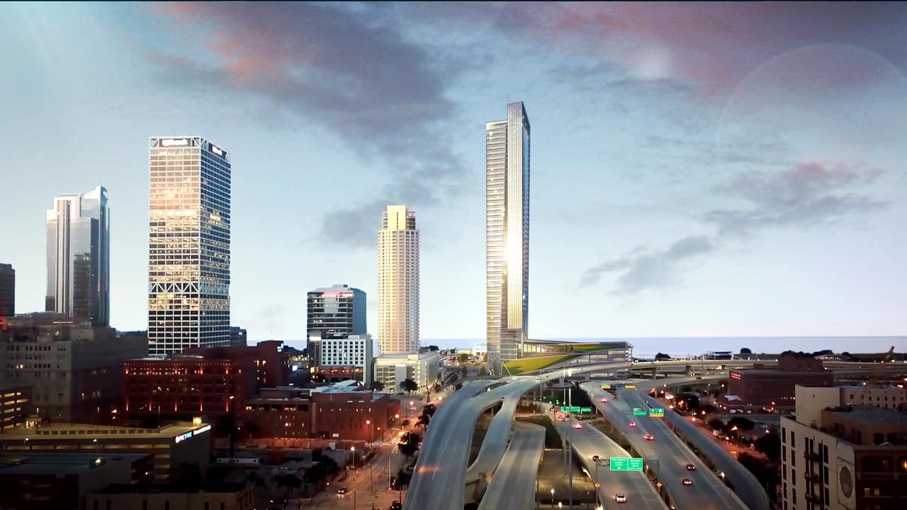 A conceptual rendering depicting a 50-story office building at the now-vacant MKE Gateway site and The Couture project in downtown Milwaukee.