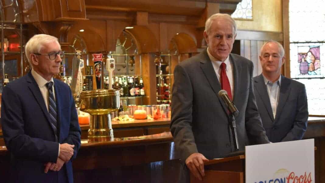 Mayor Tom Barrett discusses the incentive package he will offer to Molson Coors Brewing Co. From Left: Wisconsin Governor Tony Evers, Milwaukee Mayor Tom Barrett and Molson Coors CEO Gavin Hettersley
